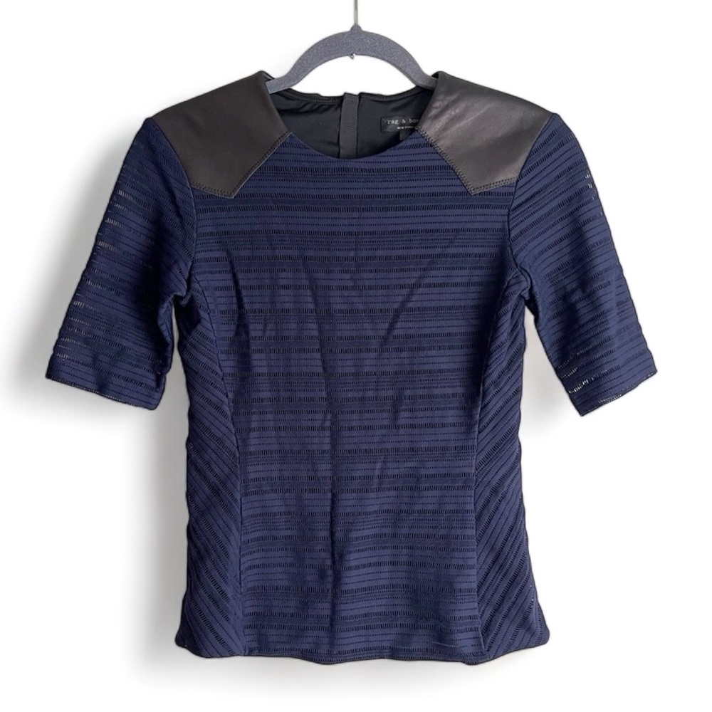 Rag & Bone Navy Mesh Top with Lamb Leather Patches